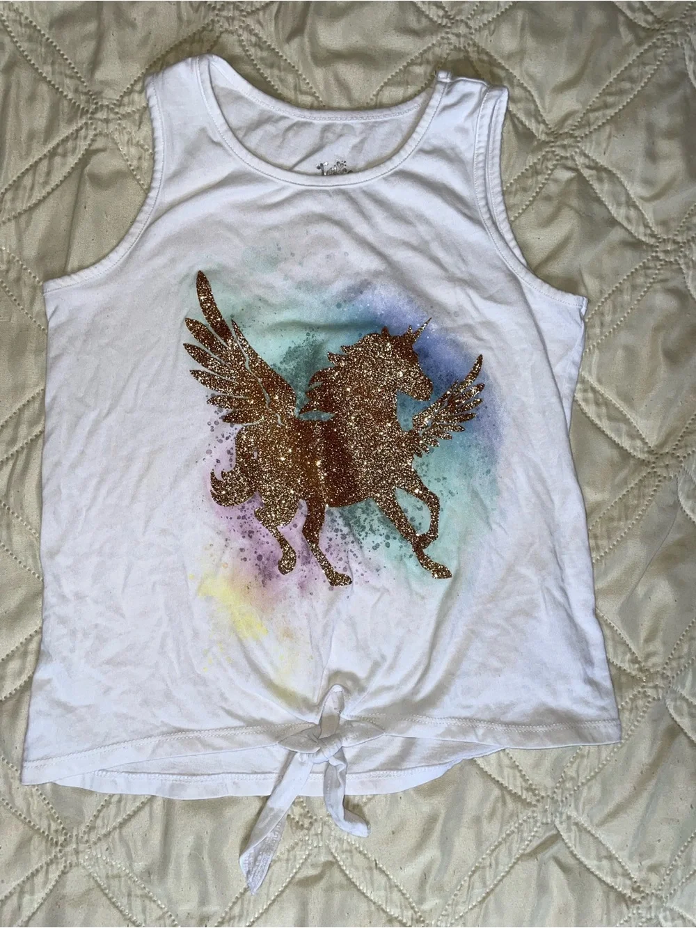 Justice White Tank Top with Gold Glitter Unicorn and Pastel Accent